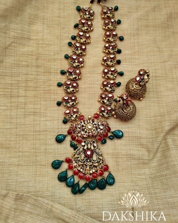 Terracotta -Long Necklace with Medium Size Jhumka( Golden with Green & Red )