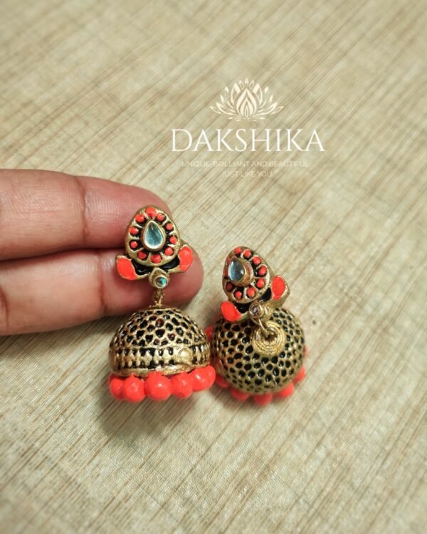 Terracotta- Big Size Jhumka ( Golden with  orange )