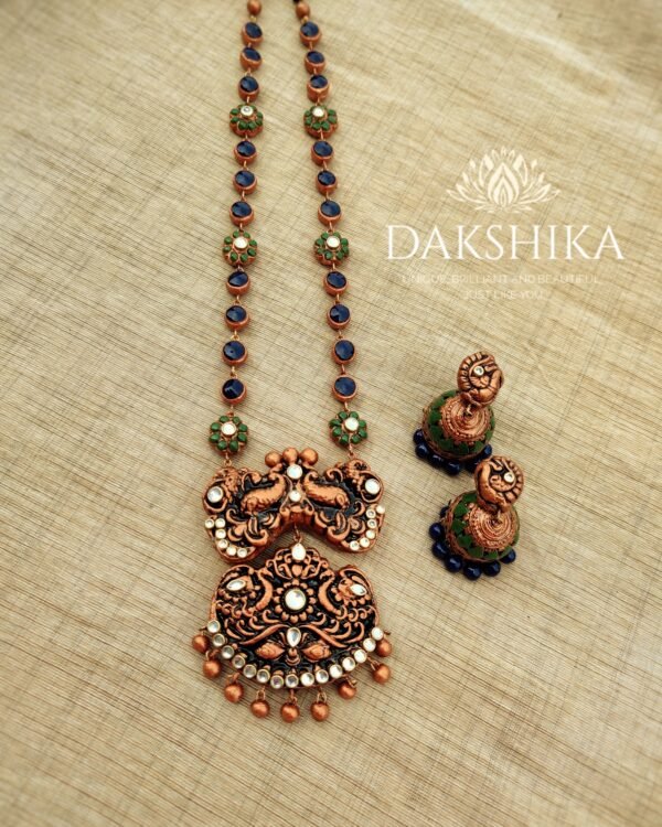 DEVIKA-Terracotta -Long Necklace with Medium Size Jhumka( Copper with Blue &Green )