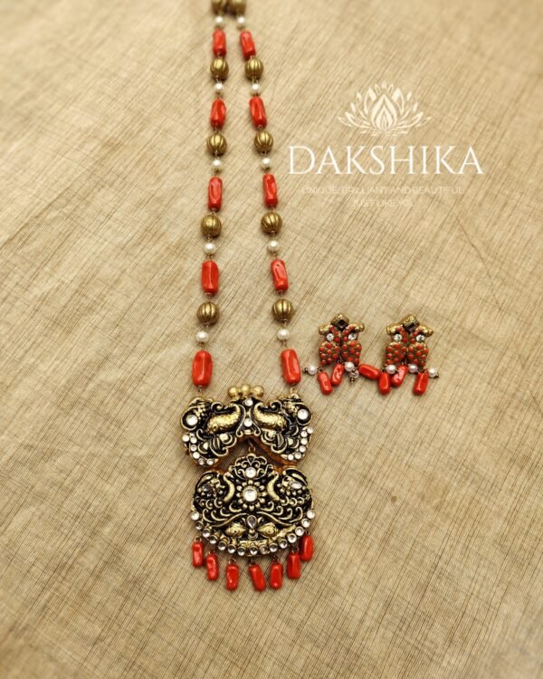 Terracotta -Long Necklace with Medium Size Earrings ( Golden with Orange )