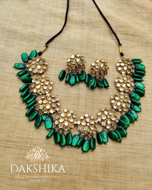 Terracotta-Short Necklace with Medium Size Earrings ( Golden with Green )