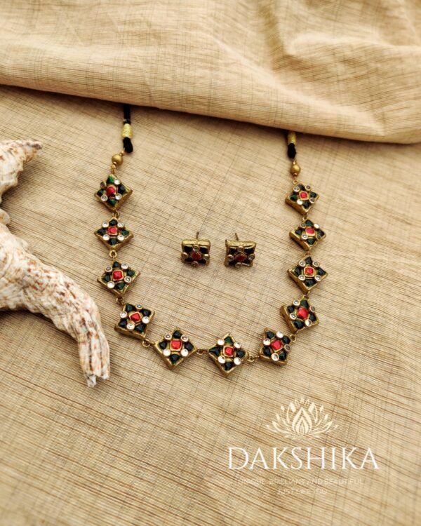 NAKSHTHRA-Terracotta -Short Necklace with Small Size Earrings ( Golden with Green & Red )