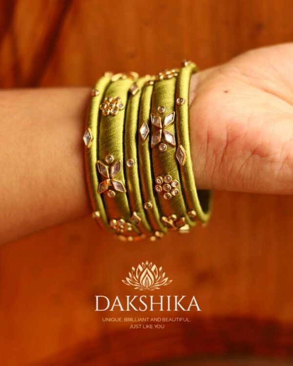 Terracotta- Silk Bangles With Stone ( olive Green )