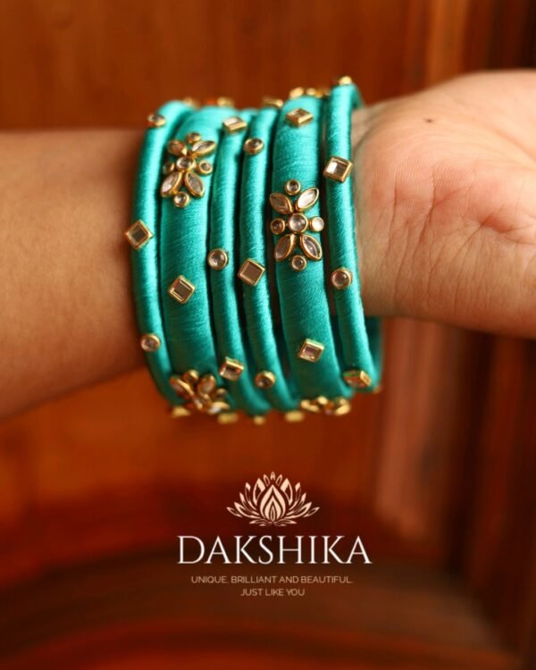 Terracotta- Silk Bangles With Stone ( Teal Blue)