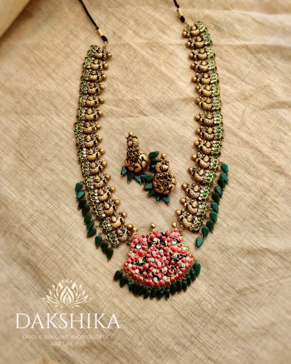 Terracotta -Long Necklace with Medium Size Jhumka( Golden with Red & Green)