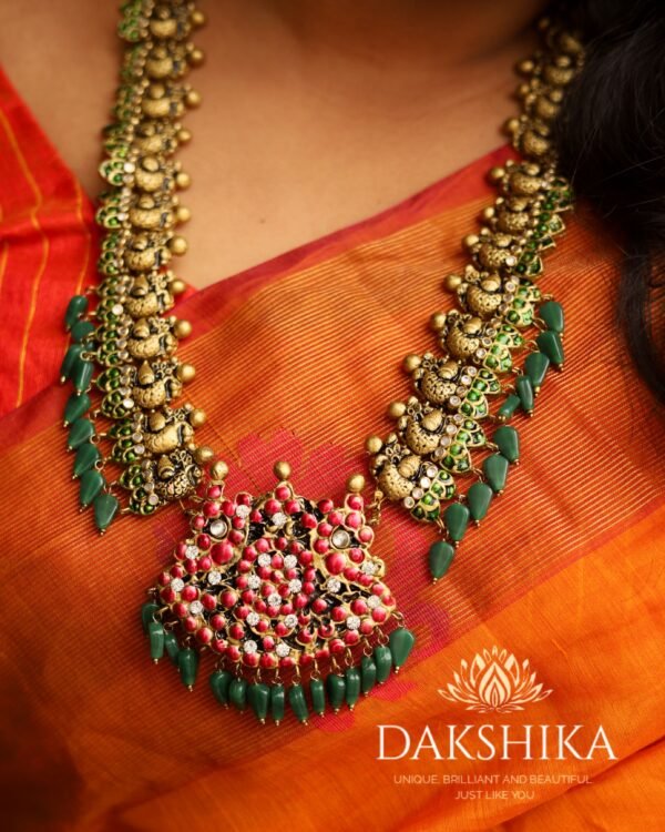 Terracotta -Long Necklace with Medium Size Jhumka( Golden with Red & Green) - Image 2