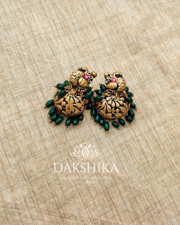 MAYOORA-Terracotta- Big Size Jhumka ( Golden with  Green )