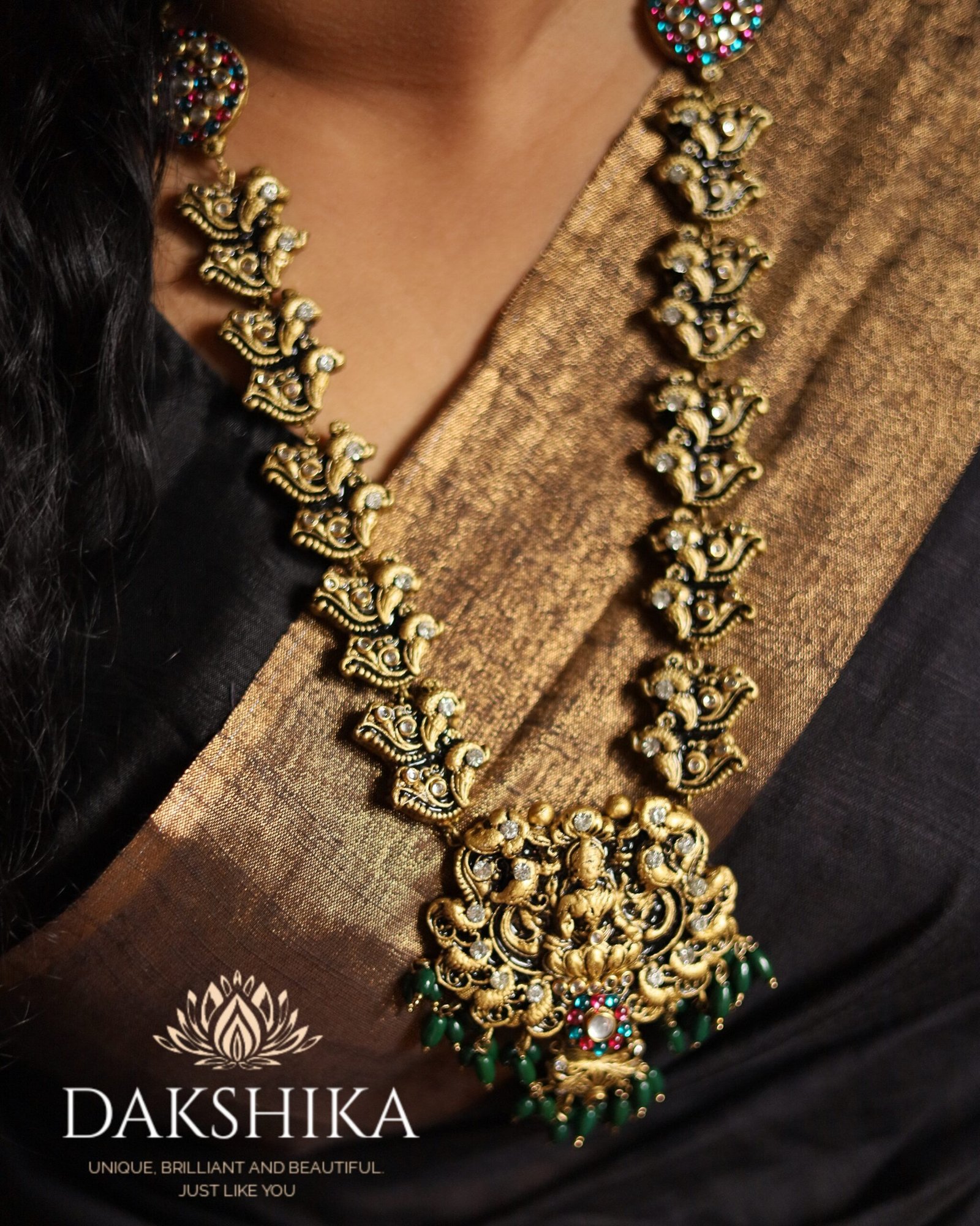 DEVI MAYOORA-Terracotta -Long Necklace with Medium Size Jhumka( Golden with Green )