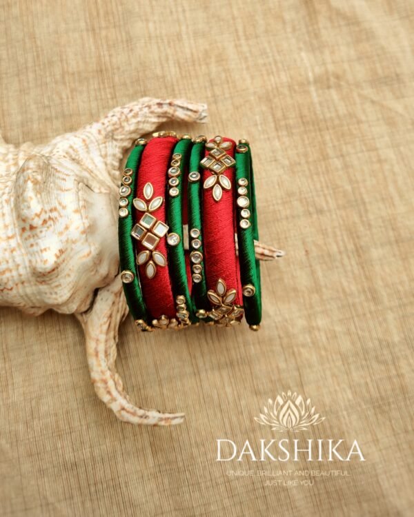 Terracotta- Silk Bangles With Stone ( Red & Green )