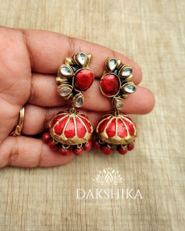 Terracotta- Medium Size Jhumka ( Golden with  Red )