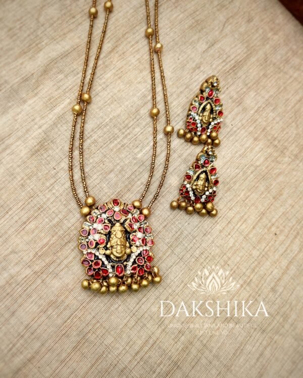 Terracotta -Long Necklace with Big Size Earrings ( Golden with Red )