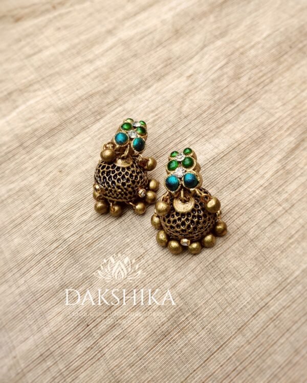 Terracotta- Medium Size Jhumka ( Golden with  Green )