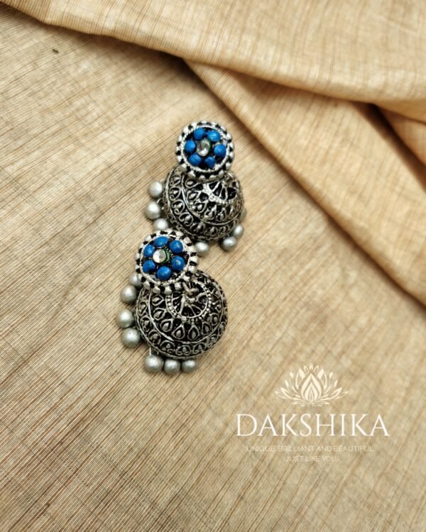 INDRAJA-Terracotta- Big Size Jhumka ( Silver with  Blue)