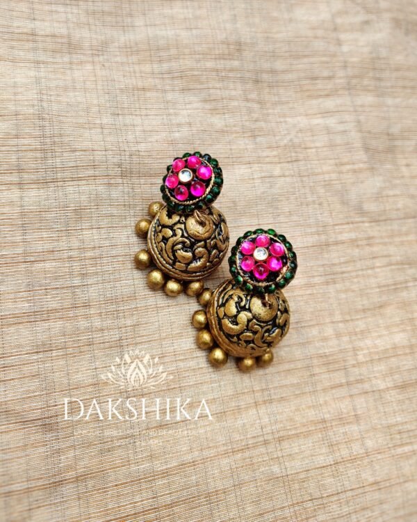 PUSHPA-Terracotta- Big Size Jhumka ( Golden with  Pink & Green)