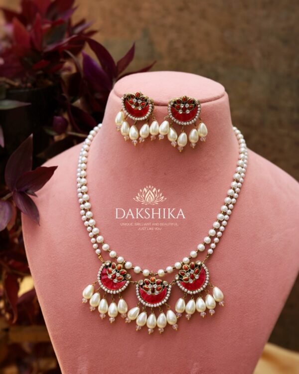 Terracotta-Short Necklace with Big Size Earrings( Golden with Pink & White)