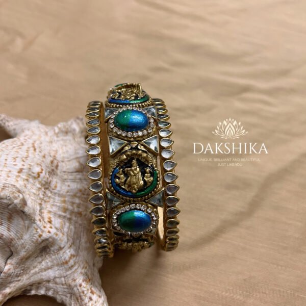 KRISHNA-Terracotta- Clay with Stone  Bangles (Golden With Peacock Blue & Green )