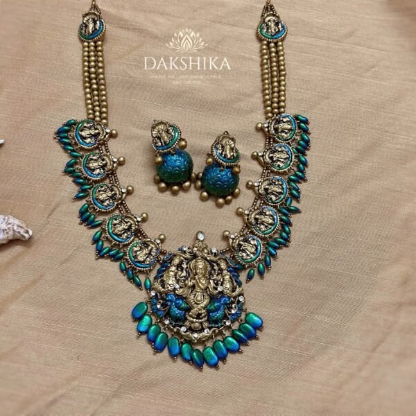 KRISHNA-Terracotta-Long Necklace With Jhumka & Bangles (Golden With Peacock Blue and Green) - Image 2