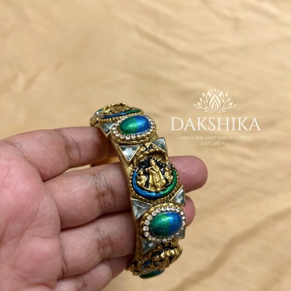 KRISHNA-Terracotta- Clay with Stone  Bangles (Golden With Peacock Blue & Green ) - Image 2