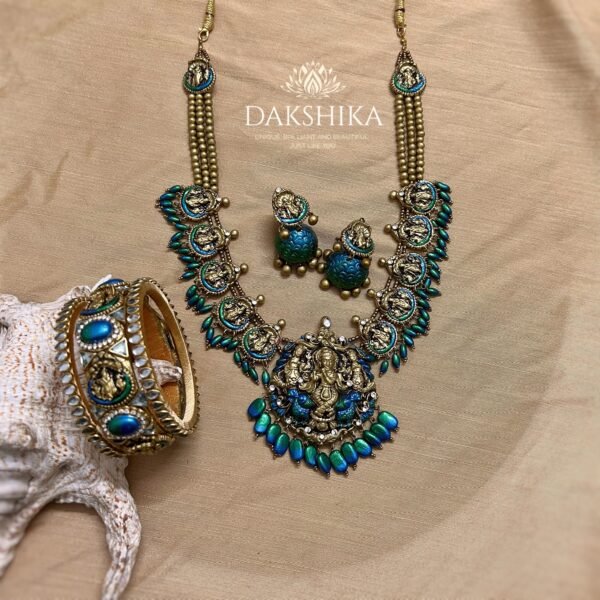 KRISHNA-Terracotta-Long Necklace With Jhumka & Bangles (Golden With Peacock Blue and Green)
