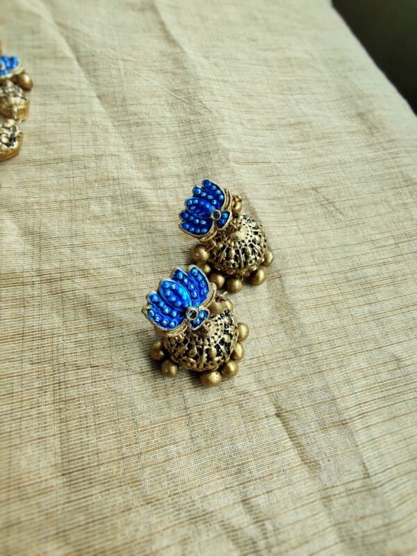 Terracotta- Medium Size Jhumka ( Golden with  Blue )