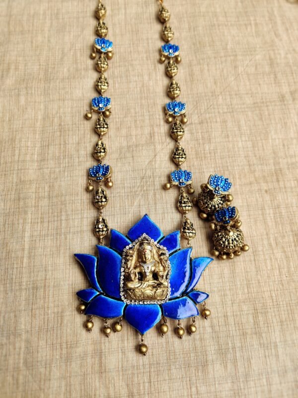 Lotus- Terracotta Long Necklace with Medium size jhumka ( Golden with Blue )
