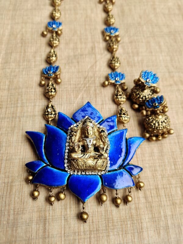 Lotus- Terracotta Long Necklace with Medium size jhumka ( Golden with Blue ) - Image 2