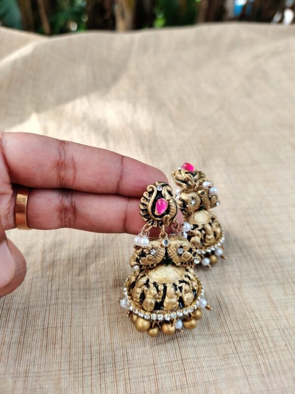 Peacock - Terracotta- Big Size Jhumka ( Golden with Pink )