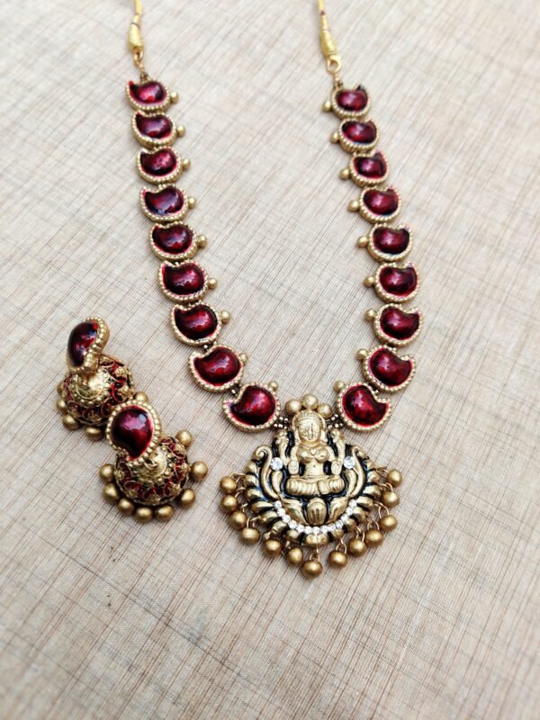ANGITHA- Terracotta Long Necklace with Big size jhumka ( Golden with Maroon)