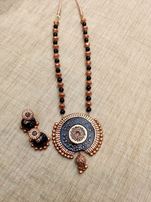 Alakritha- Terracotta Long Necklace with Big size jhumka ( Copper with Black )
