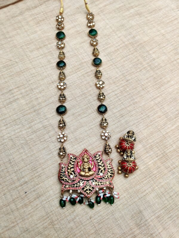 BARGAVI- Terracotta Long Necklace with Big size jhumka ( Golden with Green and Pink )