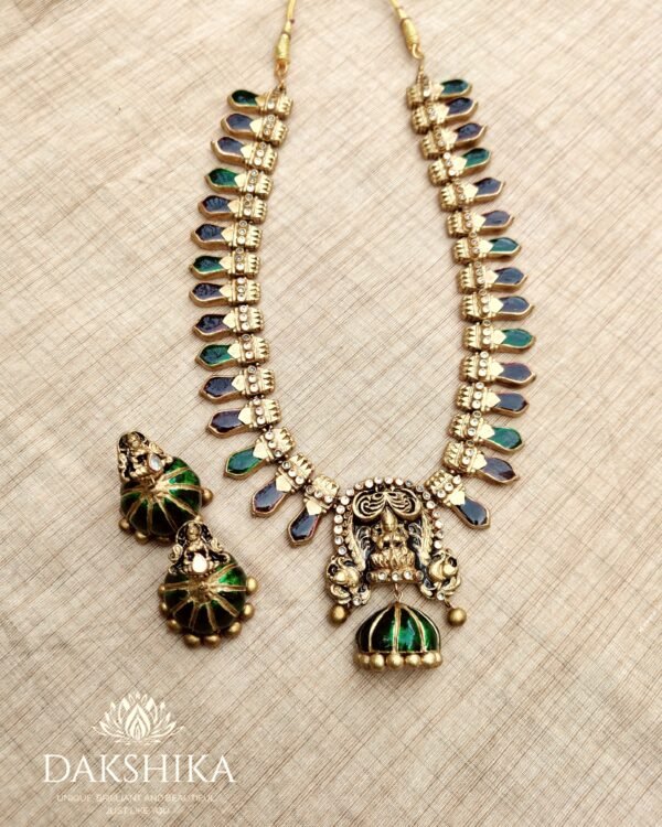 PALAKKA- Terracotta Long Necklace with Big size jhumka ( Golden with Green and Maroon) - Image 2