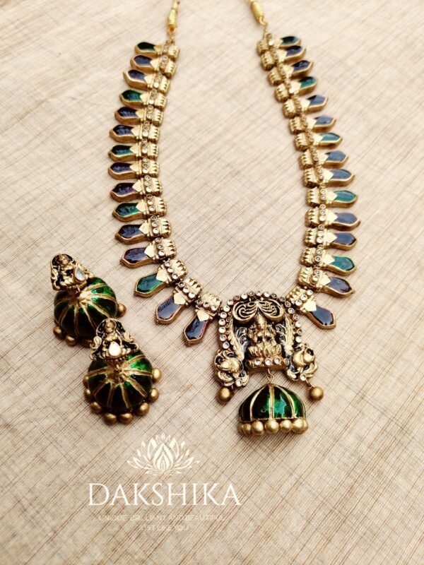 PALAKKA- Terracotta Long Necklace with Big size jhumka ( Golden with Green and Maroon)