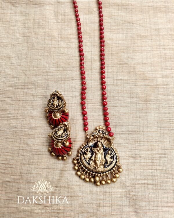 KRISHNA- Terracotta Long Necklace with Big size jhumka ( Golden with Red )
