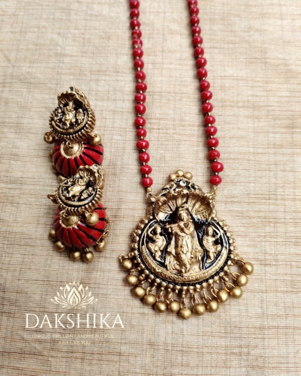KRISHNA- Terracotta Long Necklace with Big size jhumka ( Golden with Red ) - Image 2