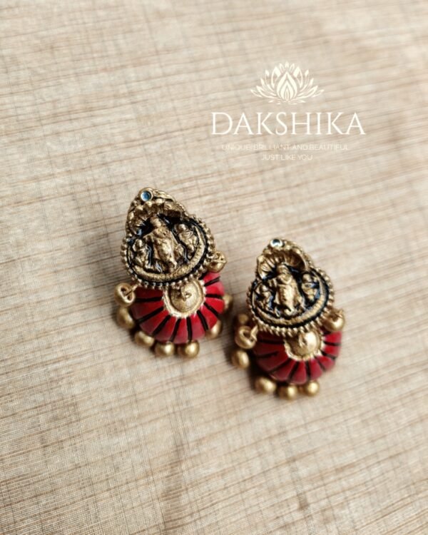 KRISHNA- Terracotta Long Necklace with Big size jhumka ( Golden with Red ) - Image 3
