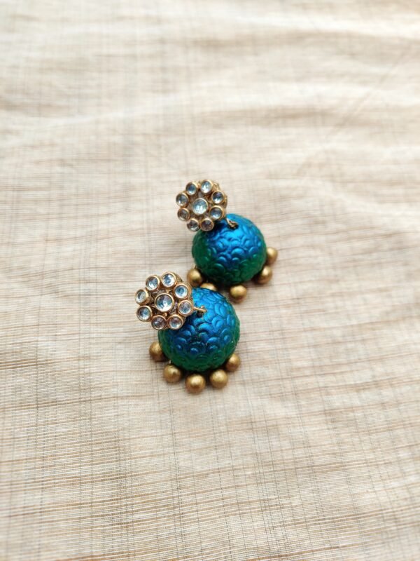 Pushpa  Terracotta- Big Size Jhumka ( Golden with Peacock Blue and Green)