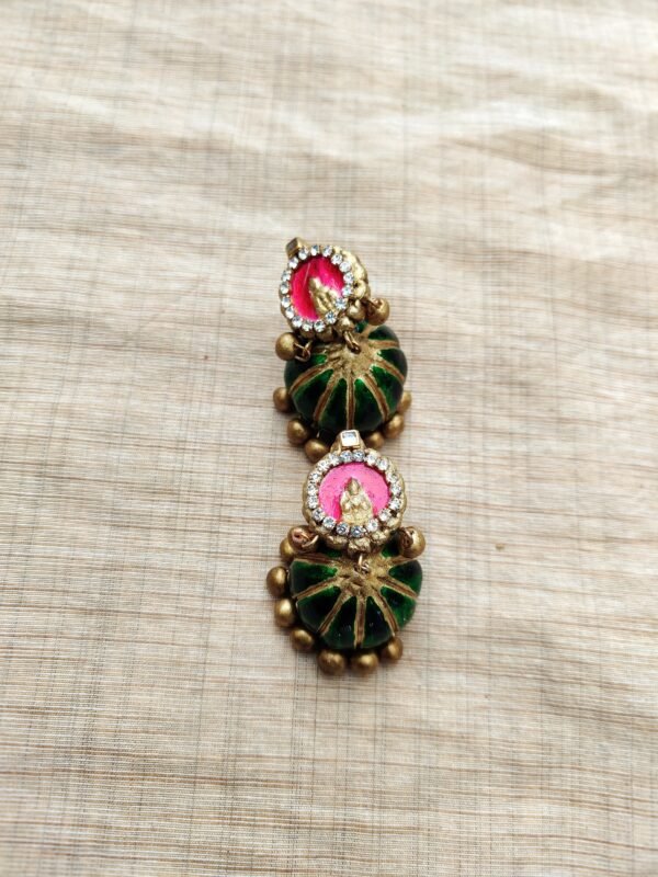 Chandra -Terracotta- Medium Size Jhumka ( Golden with Green and Pink )