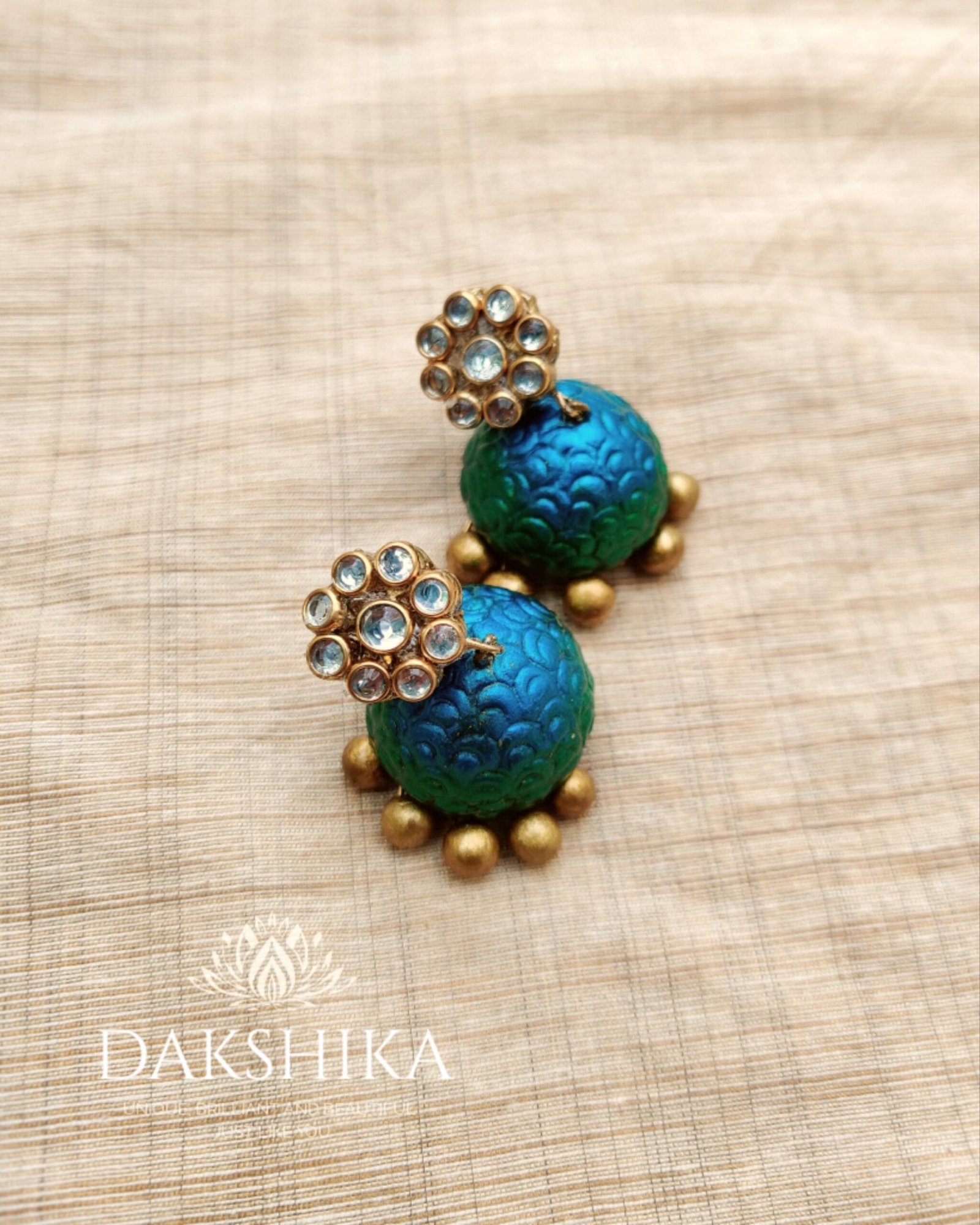 Pushpa-Terracotta- Big Size Jhumka ( Golden with Peacock Green and Blue )