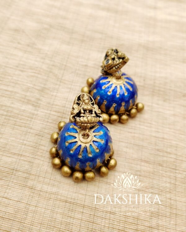 Devika-Terracotta- Big Size Jhumka ( Golden with Blue )
