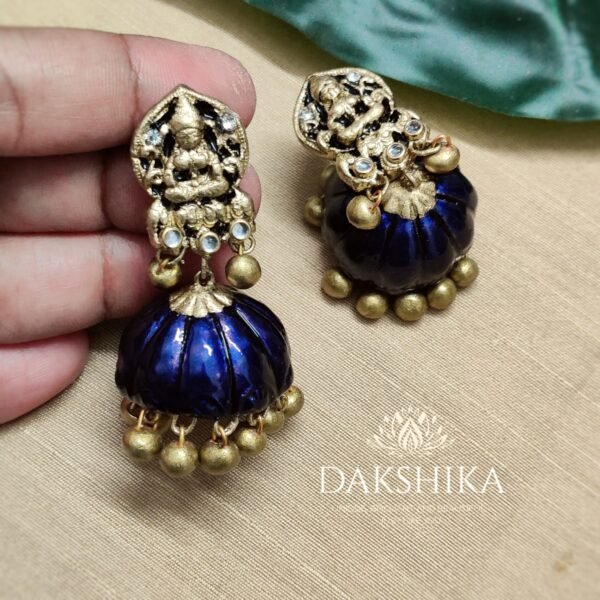 Lakshmi-Terracotta- Big Size Jhumka ( Golden with  Blue )