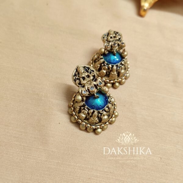 Devika -Terracotta- Big Size Jhumka ( Golden with Blue)