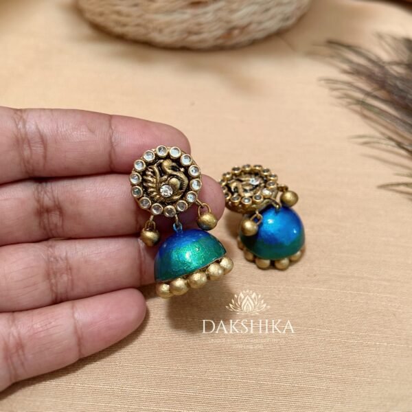 Mayoora -Terracotta- Medium Size Jhumka ( Golden with Peacock Blue and Green)