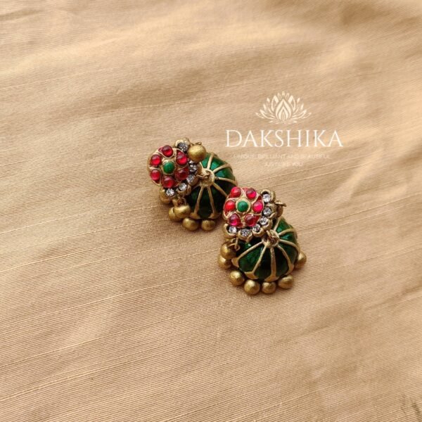 ANUPAMA - Terracotta Short Necklace with Medium size jhumka ( Golden with Pink and Green) - Image 2