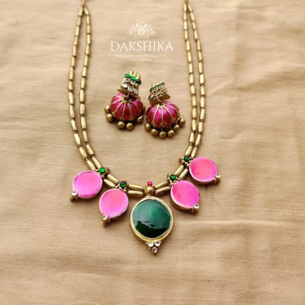 ANUPAMA - Terracotta Short Necklace with Medium size jhumka ( Golden with Pink and Green) - Image 2