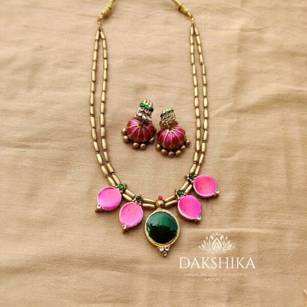 ANUPAMA - Terracotta Short Necklace with Medium size jhumka ( Golden with Pink and Green)