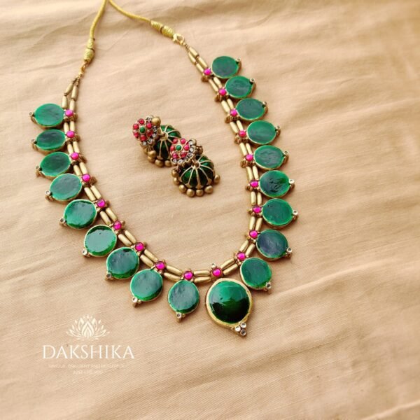 ANUPAMA - Terracotta Short Necklace with Medium size jhumka ( Golden with Pink and Green)