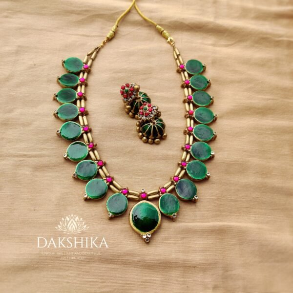 ANUPAMA - Terracotta Short Necklace with Medium size jhumka ( Golden with Pink and Green) - Image 3
