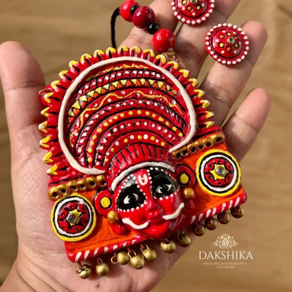 THEYYAM- Terracotta Big Pendant with Big size earrings ( Golden with multi colour)