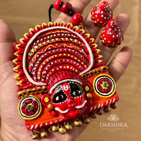 THEYYAM- Terracotta Big Pendant with Medium size jhumka ( Golden with multi colour)