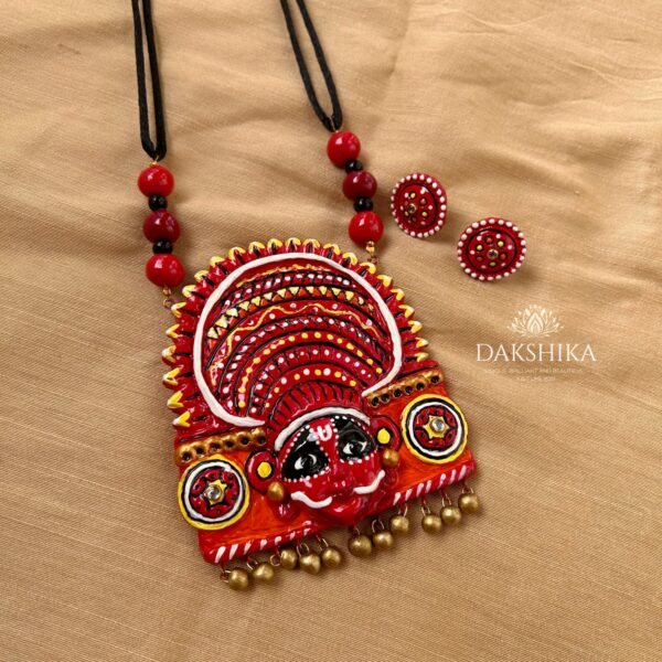 THEYYAM- Terracotta Big Pendant with Big size earrings ( Golden with multi colour) - Image 4